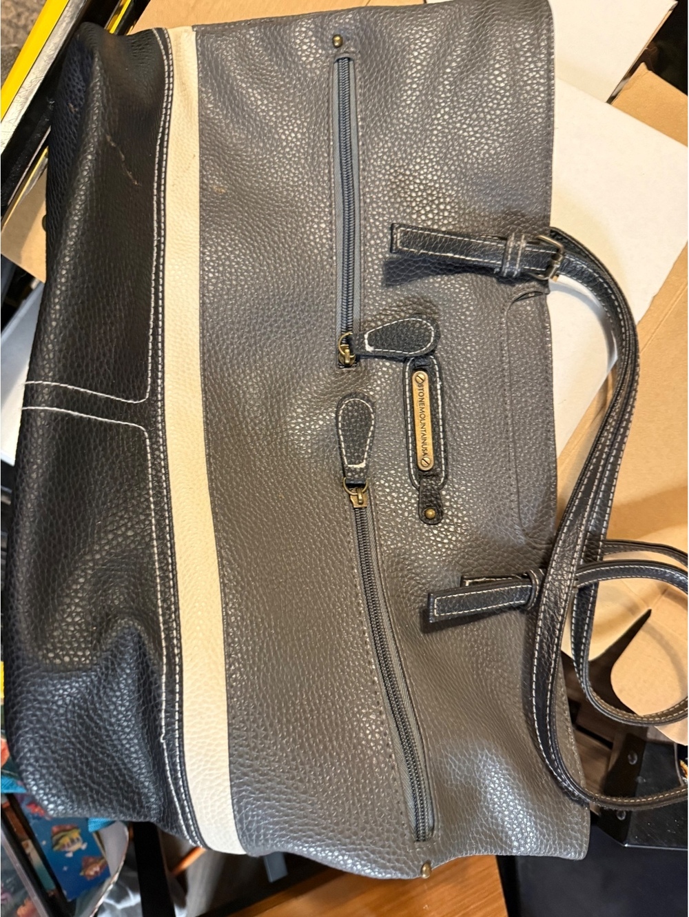 Stone Mountain Black and Gray Leather Tote Bag with White Stripe